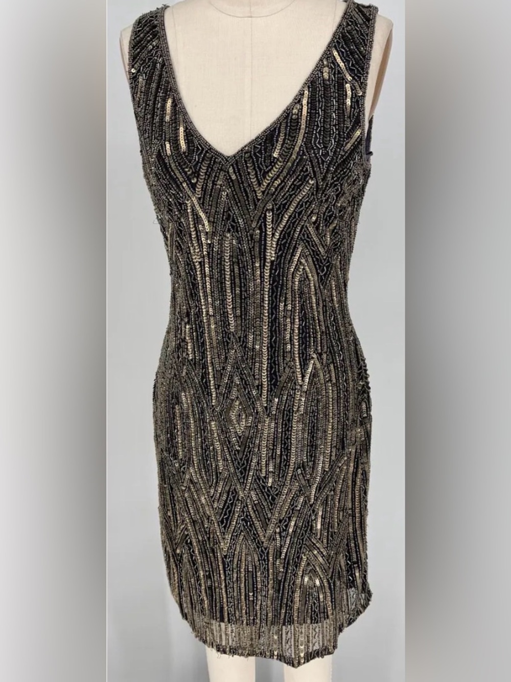 Adrianna Papell Black Dress with Gold Beaded Art Deco Detail